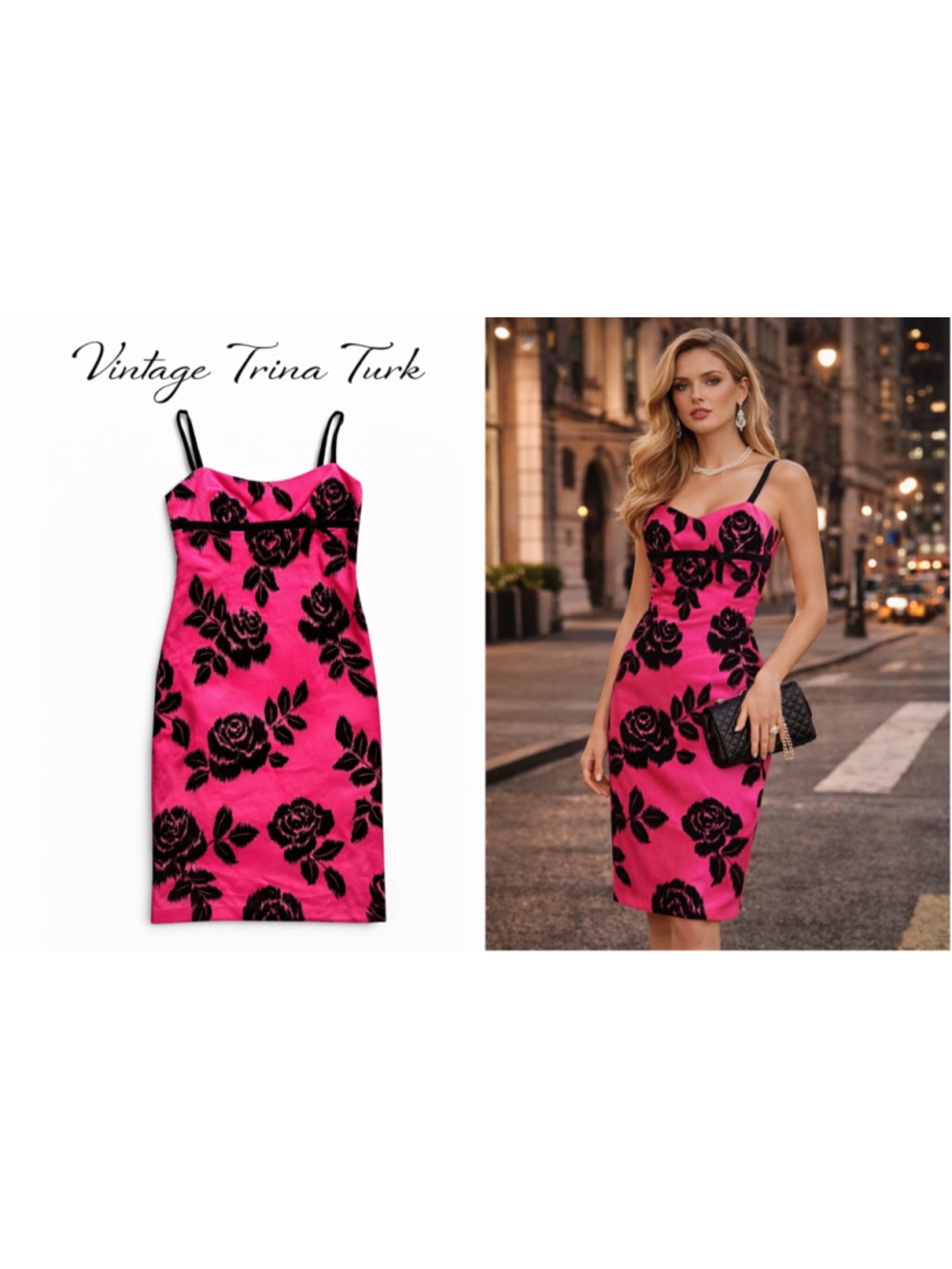 Vintage Trina Turk Hot Pink Velvet Floral Dress Y2K Knee Length
